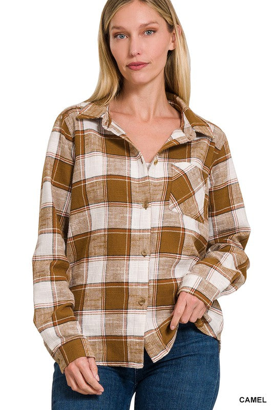 Cotton Plaid Shacket With Front Pocket king-general-store-5710.myshopify.com