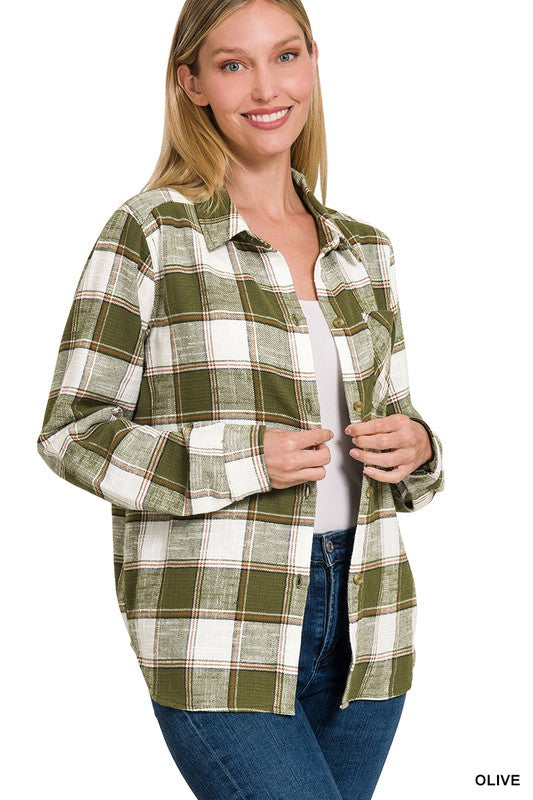 Cotton Plaid Shacket With Front Pocket king-general-store-5710.myshopify.com