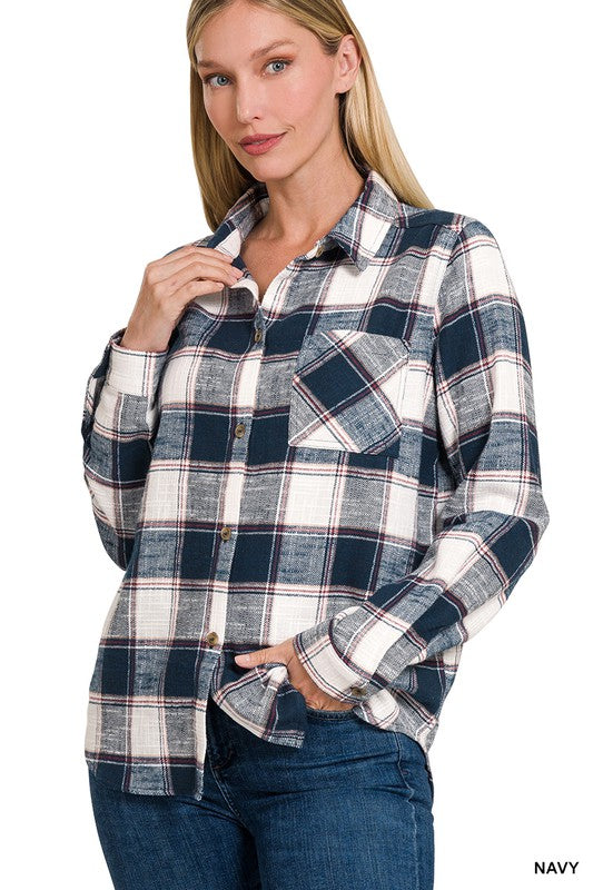 Cotton Plaid Shacket With Front Pocket king-general-store-5710.myshopify.com