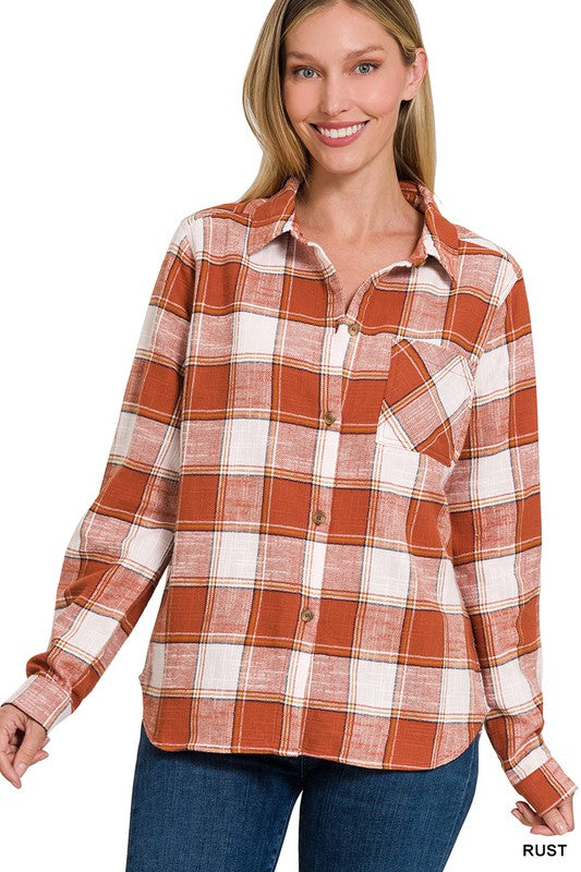 Cotton Plaid Shacket With Front Pocket king-general-store-5710.myshopify.com