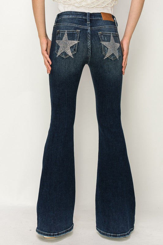 Mid Rise Flare Star Rhinestone on Pockets Jeans king-general-store-5710.myshopify.com