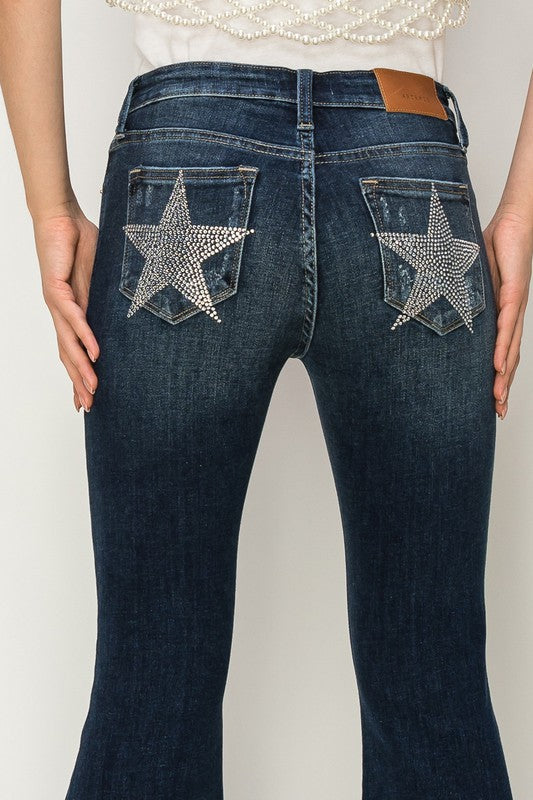 Mid Rise Flare Star Rhinestone on Pockets Jeans king-general-store-5710.myshopify.com