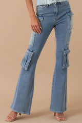 High Rise 12 Pocket Boot Cut Cargo Jeans