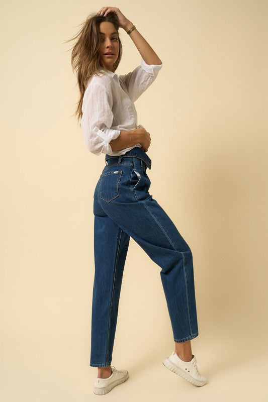 Flap Waist High Rise Relaxed Fit Dark Wash Denim Jeans