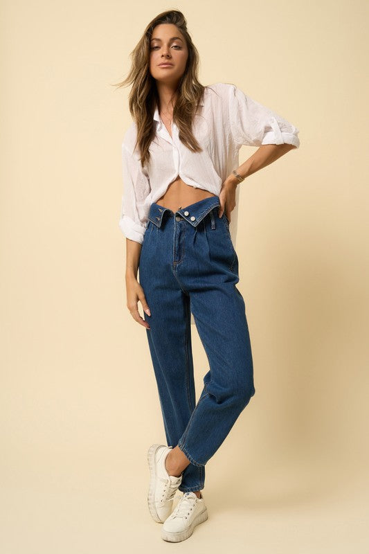 Flap Waist High Rise Relaxed Fit Dark Wash Denim Jeans