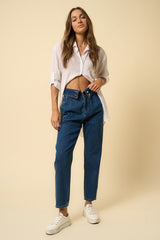 Flap Waist High Rise Relaxed Fit Dark Wash Denim Jeans