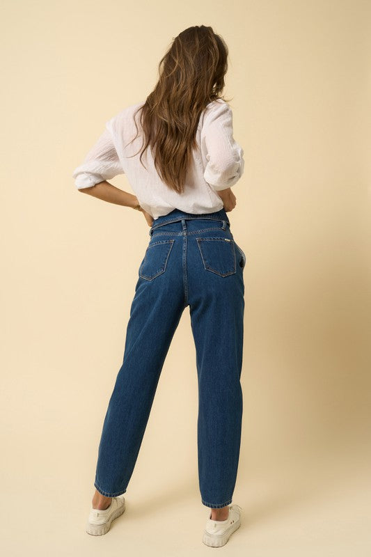 Flap Waist High Rise Relaxed Fit Dark Wash Denim Jeans