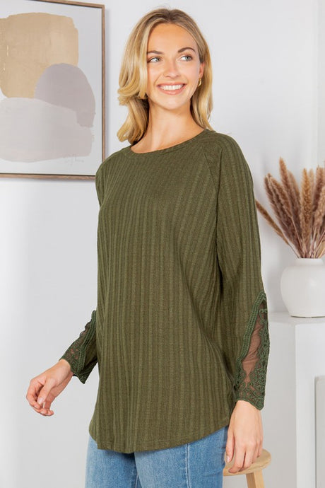 Rib Long Sleeve Sweater with Lace Detail king-general-store-5710.myshopify.com