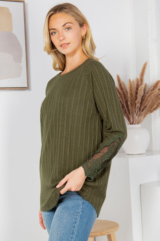 Rib Long Sleeve Sweater with Lace Detail king-general-store-5710.myshopify.com