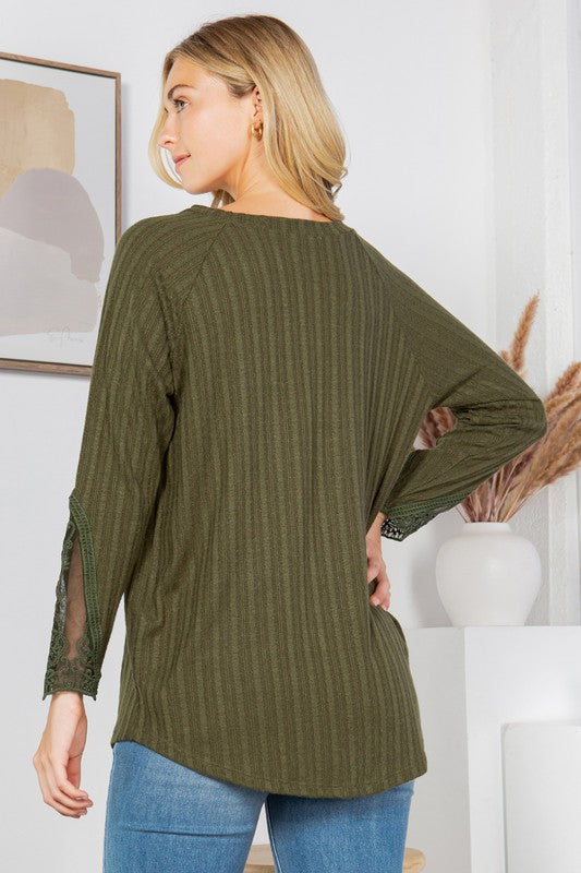 Rib Long Sleeve Sweater with Lace Detail king-general-store-5710.myshopify.com