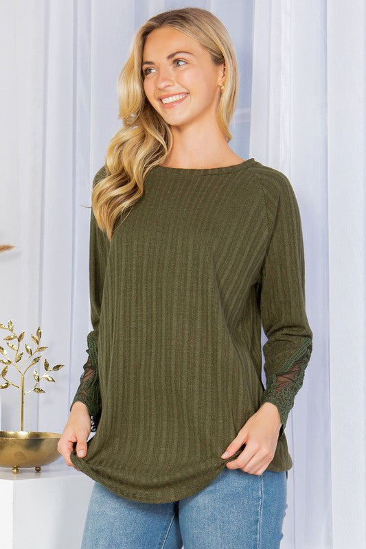 Rib Long Sleeve Sweater with Lace Detail king-general-store-5710.myshopify.com