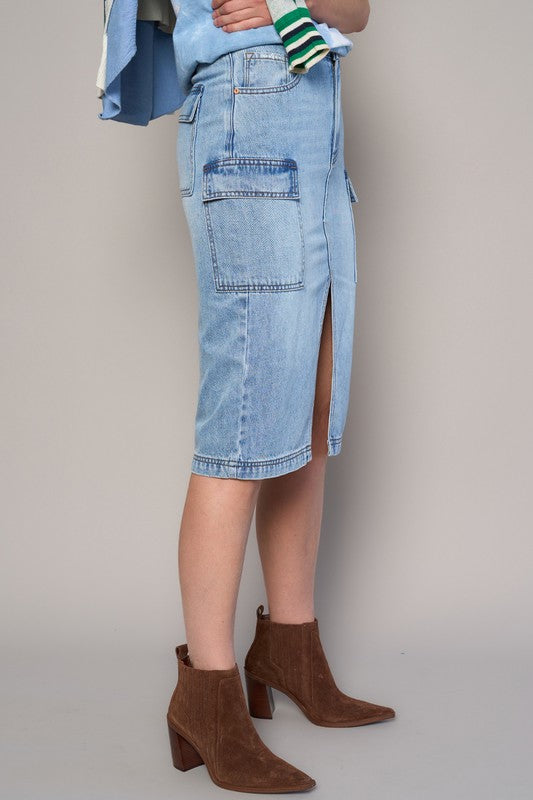 High Rise Front Slit Cargo Light Wash Denim Skirt