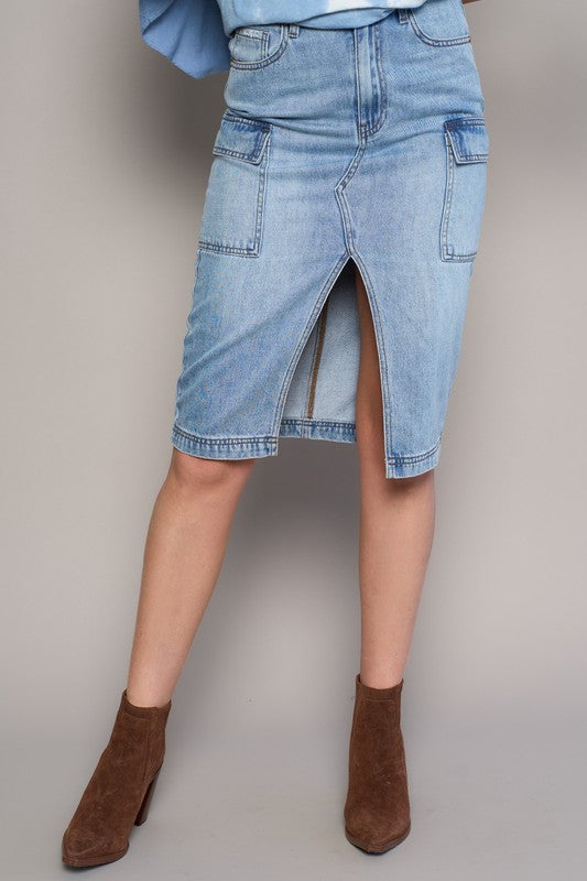 High Rise Front Slit Cargo Light Wash Denim Skirt