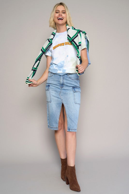 High Rise Front Slit Cargo Light Wash Denim Skirt