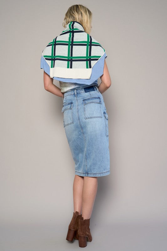 High Rise Front Slit Cargo Light Wash Denim Skirt