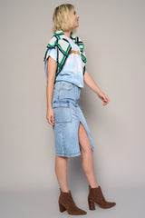 High Rise Front Slit Cargo Light Wash Denim Skirt