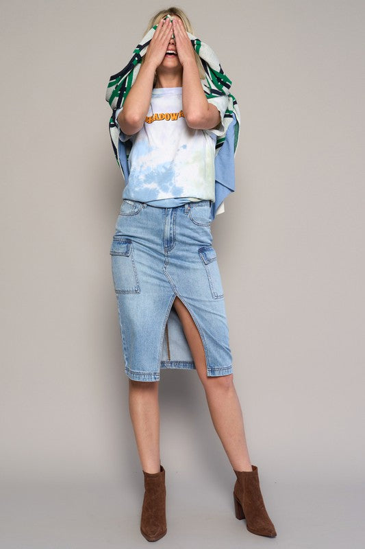 High Rise Front Slit Cargo Light Wash Denim Skirt