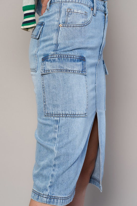 High Rise Front Slit Cargo Light Wash Denim Skirt