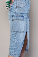 High Rise Front Slit Cargo Light Wash Denim Skirt