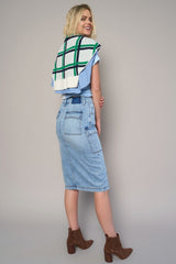 High Rise Front Slit Cargo Light Wash Denim Skirt