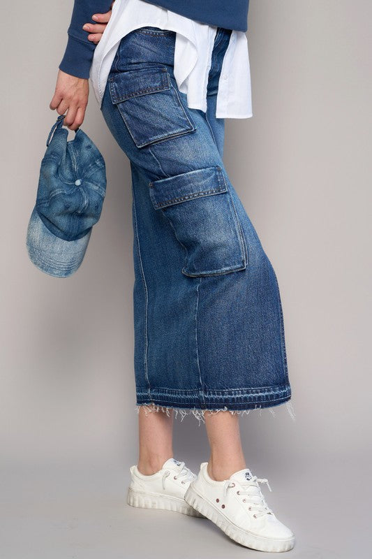 Front Slit Cargo Dark Wash Denim Skirt