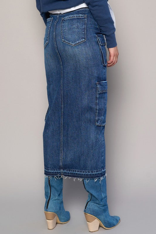 Front Slit Cargo Dark Wash Denim Skirt