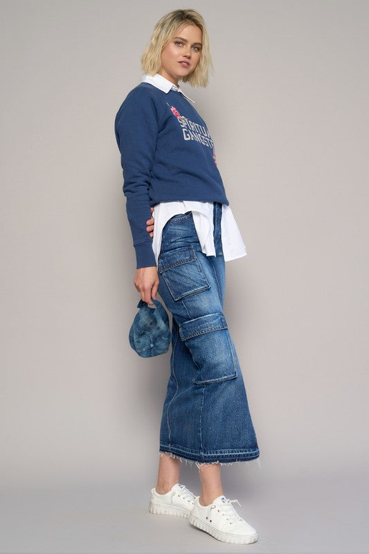 Front Slit Cargo Dark Wash Denim Skirt