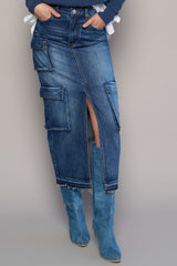 Front Slit Cargo Dark Wash Denim Skirt