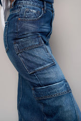 Front Slit Cargo Dark Wash Denim Skirt