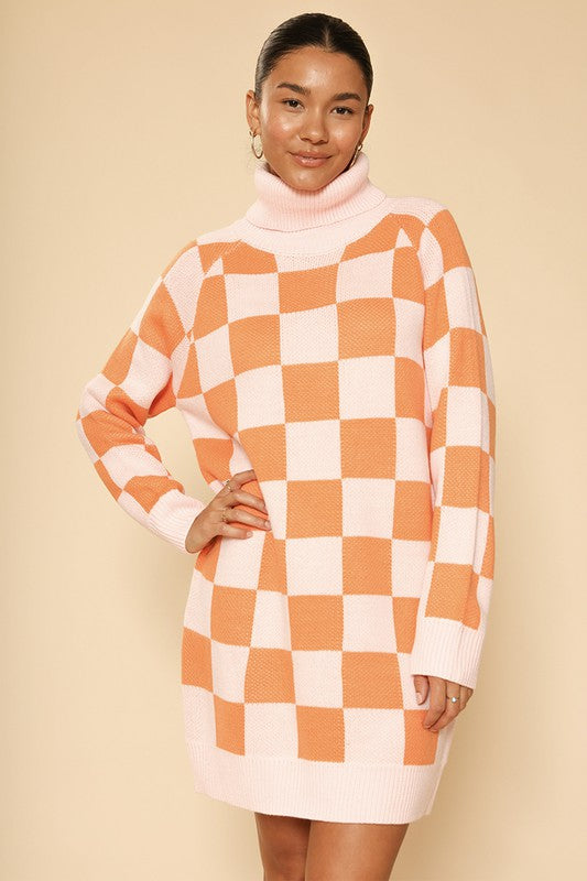 Checkered Turtleneck Sweater Dress