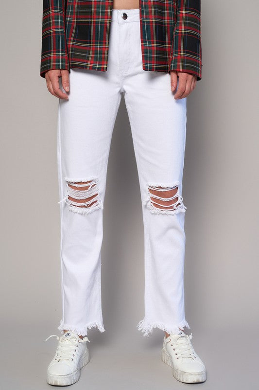 High Rise Destroyed Straight Crop Jeans