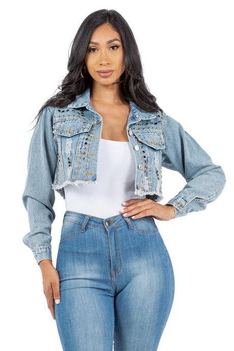 All Over Stud Chic Denim Jacket king-general-store-5710.myshopify.com