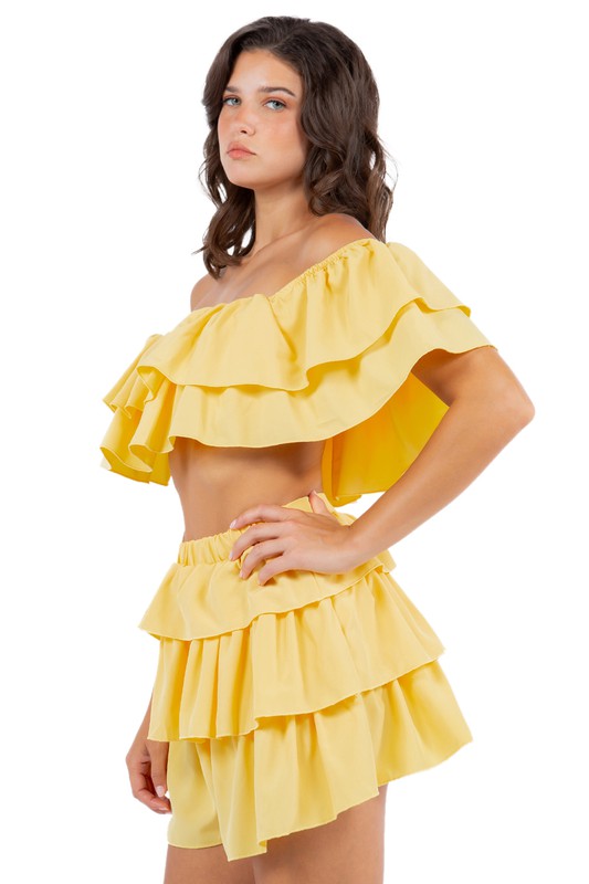 Yellow Off Shoulder Layered Crop Top Shorts Set king-general-store-5710.myshopify.com