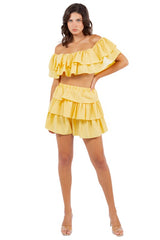 Yellow Off Shoulder Layered Crop Top Shorts Set king-general-store-5710.myshopify.com