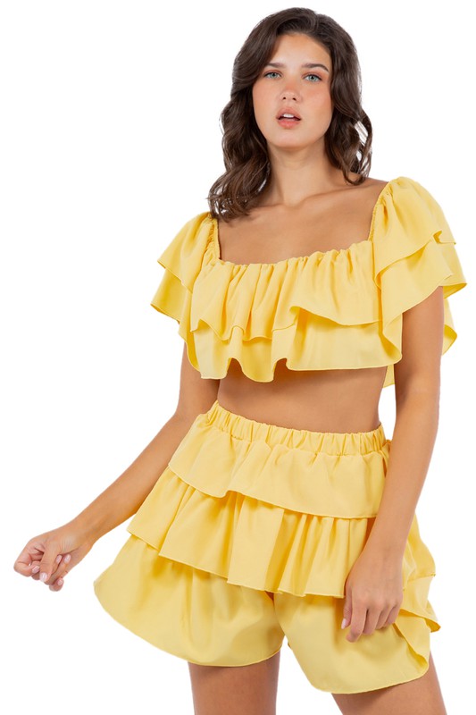 Yellow Off Shoulder Layered Crop Top Shorts Set king-general-store-5710.myshopify.com