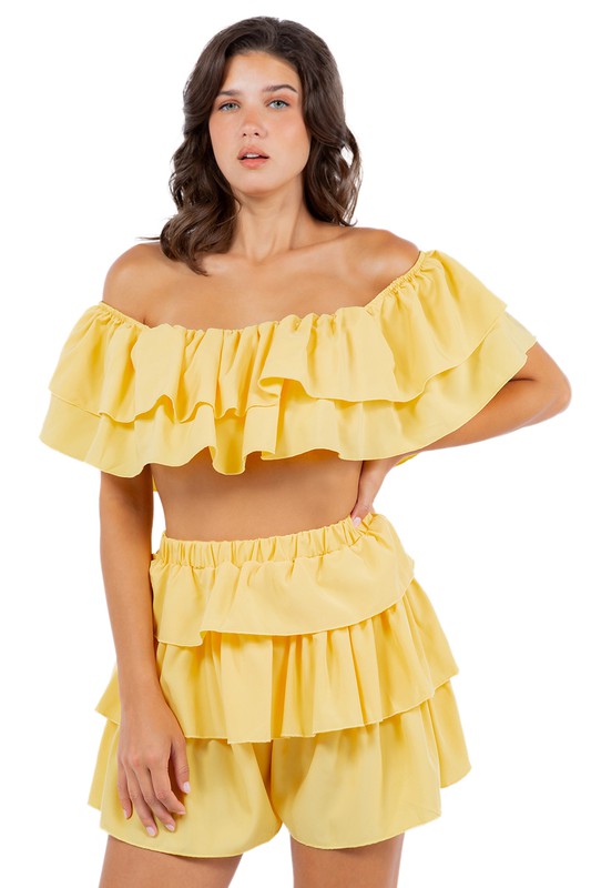 Yellow Off Shoulder Layered Crop Top Shorts Set king-general-store-5710.myshopify.com