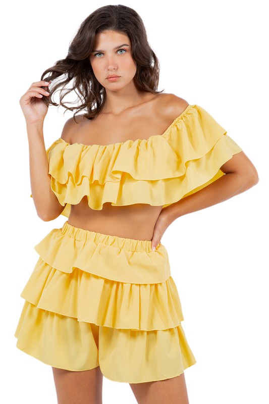 Yellow Off Shoulder Layered Crop Top Shorts Set king-general-store-5710.myshopify.com