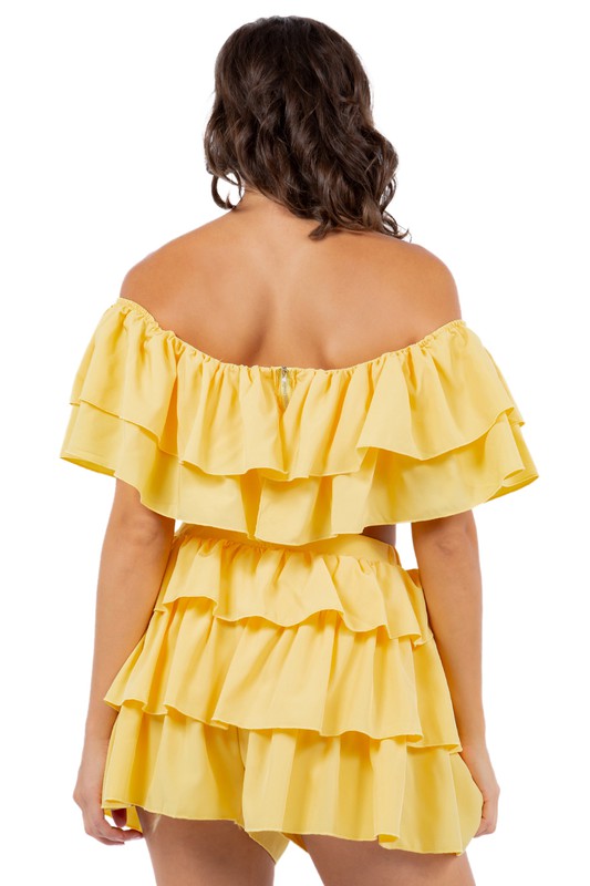 Yellow Off Shoulder Layered Crop Top Shorts Set king-general-store-5710.myshopify.com