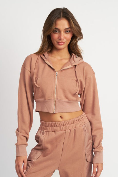 Dusty Mauve Contrasted Zip Up Crop Hoodie king-general-store-5710.myshopify.com