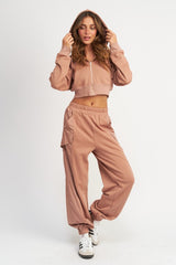 Dusty Mauve Contrasted Zip Up Crop Hoodie king-general-store-5710.myshopify.com