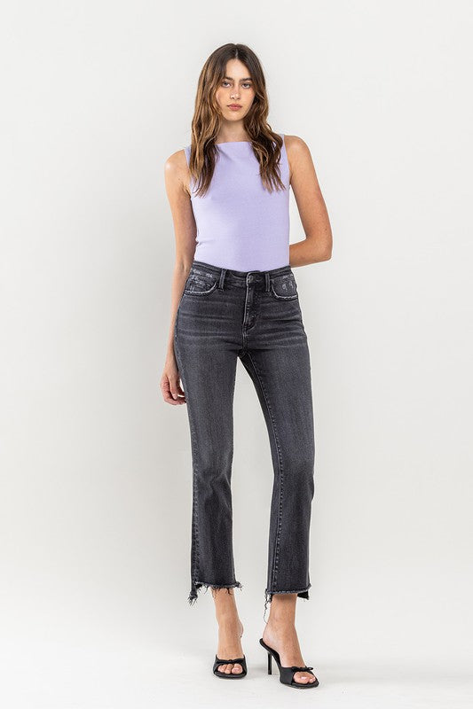 High Rise Raw Step Hem Crop Flare Jeans