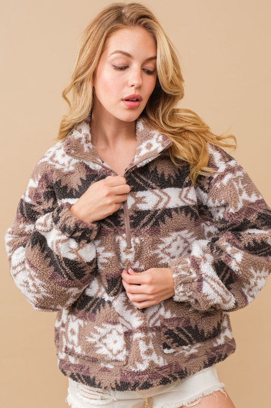 Aztec Teddy Mock Neck Zip Up Pullover king-general-store-5710.myshopify.com