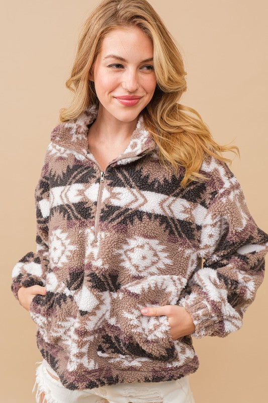 Aztec Teddy Mock Neck Zip Up Pullover king-general-store-5710.myshopify.com