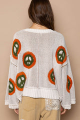 POL V Neck Long Sleeve Peace Pattern Sweater