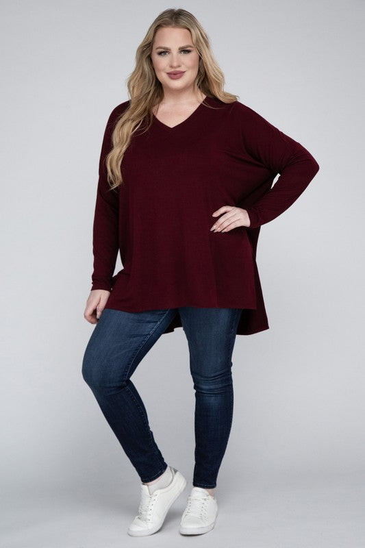 Plus Dolman Sleeve V-Neck Side Slit Hi-Low Hem Top king-general-store-5710.myshopify.com