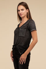 Washed Melange Burnout Scoop V-Neck Top