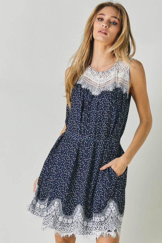 Printed Sleeveless Lace Trim Mini Dress king-general-store-5710.myshopify.com