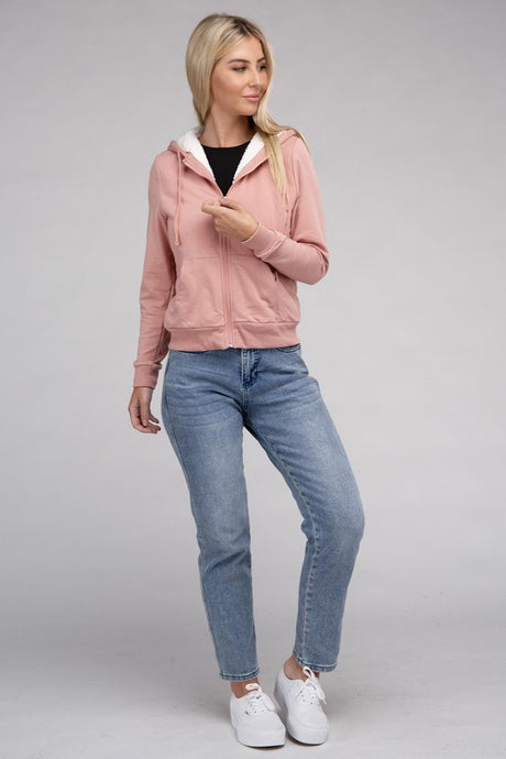 Fuzzy Trim Zip-Up Crop Hoodie king-general-store-5710.myshopify.com