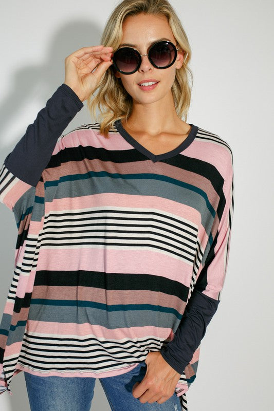 MULTI ENGINEERING STRIPE PRINT JERSEY OVERSIZE BOX TOP