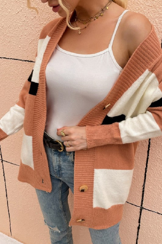 Stretchy Stripe Knitted V-Neck Cardigan